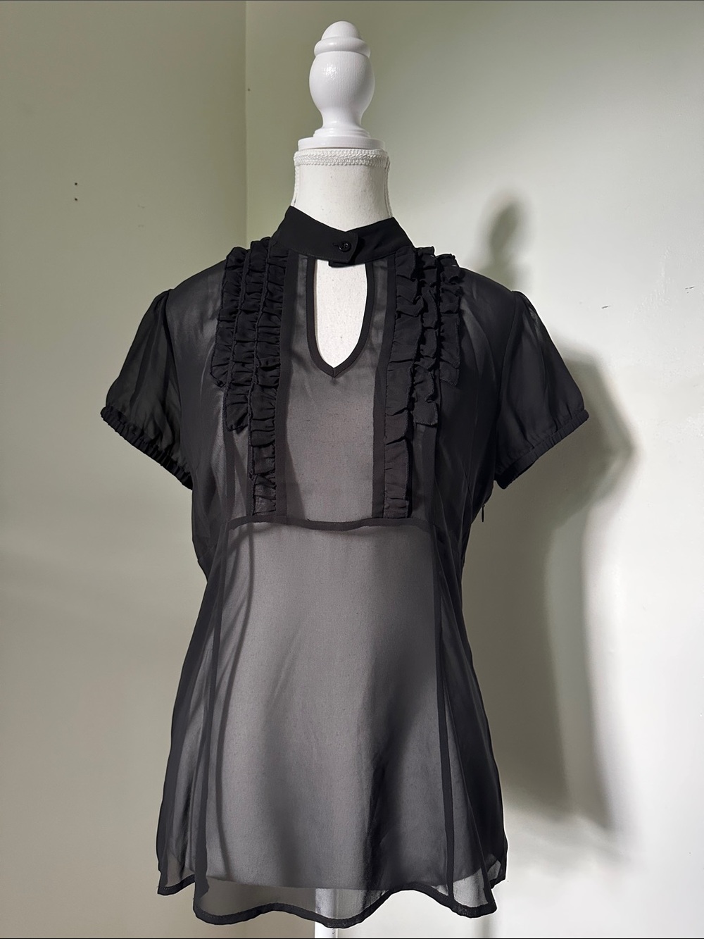 ESPIRIT Black Sheer Ruffle High Neck Whimsigoth Vamp Victorian Blouse Medium